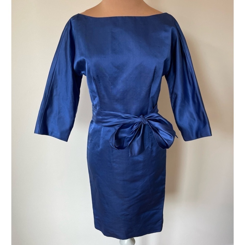 Frank Agostino Dupioni Silk Slash Neck V-Back Tie Belt 3/4 Sleeve Dress EUC Sz 0